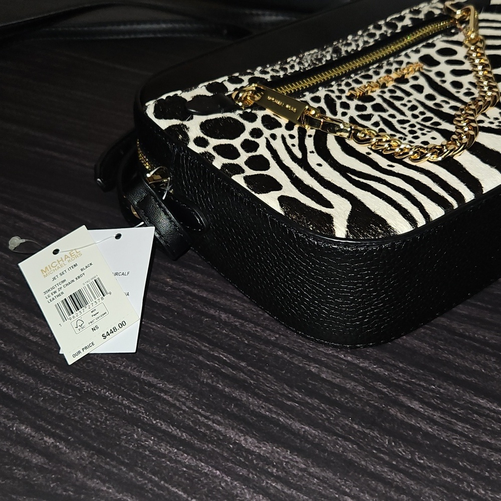 Michael Kors Black and White Zebra Print Crossbody Bag with Gold Chain - Picture 5 of 14